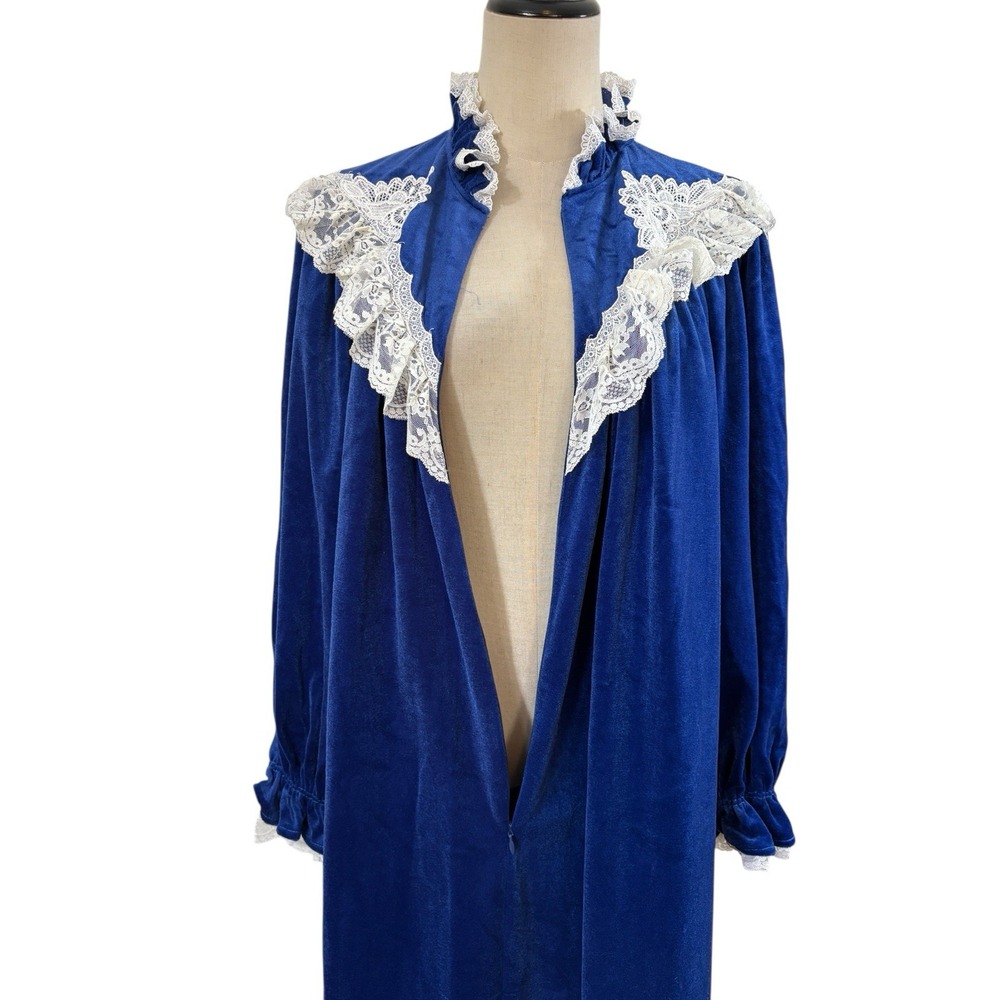 Vtg 70s Gilligan O'Malley Nightgown Blue Velvet Lace Ruffle Sz Xs Cottagecore - Picture 6 of 9